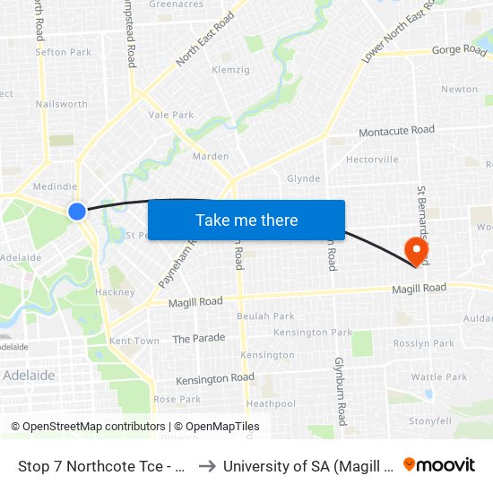 Stop 7 Northcote Tce - West side to University of SA (Magill Campus) map