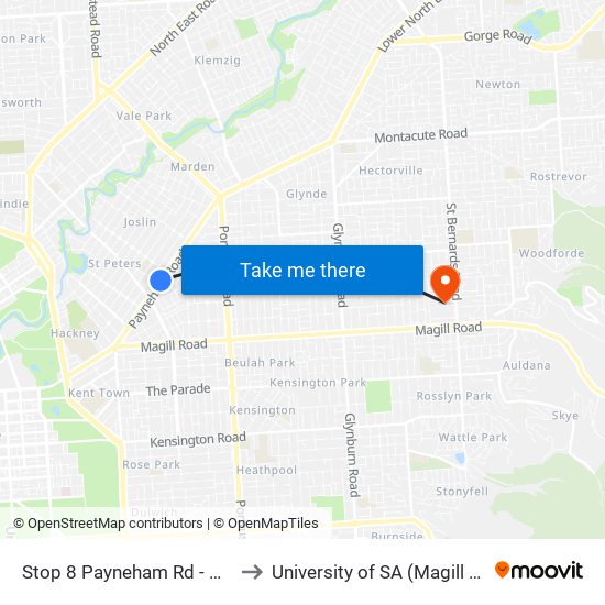 Stop 8 Payneham Rd - West side to University of SA (Magill Campus) map