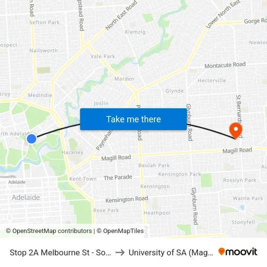 Stop 2A Melbourne St - South East side to University of SA (Magill Campus) map