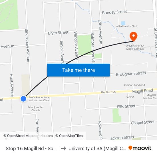 Stop 16 Magill Rd - South side to University of SA (Magill Campus) map