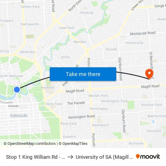 Stop 1 King William Rd - East side to University of SA (Magill Campus) map