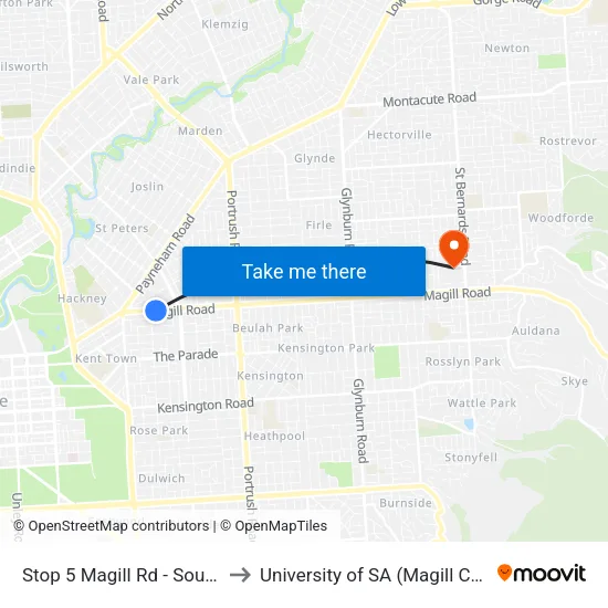 Stop 5 Magill Rd - South side to University of SA (Magill Campus) map