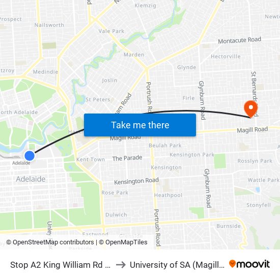 Stop A2 King William Rd - East side to University of SA (Magill Campus) map