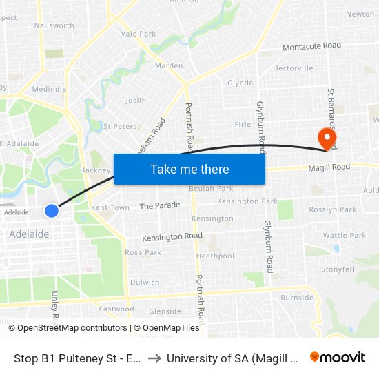 Stop B1 Pulteney St - East side to University of SA (Magill Campus) map