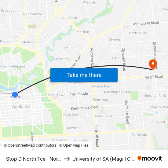Stop D North Tce - North side to University of SA (Magill Campus) map