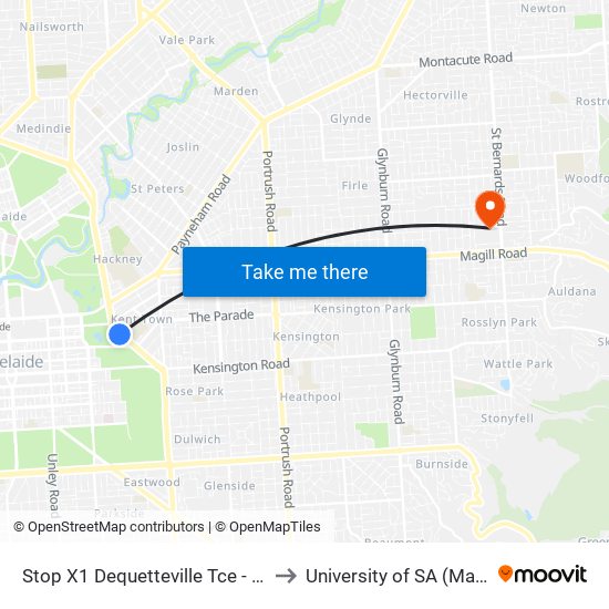 Stop X1 Dequetteville Tce - South West side to University of SA (Magill Campus) map