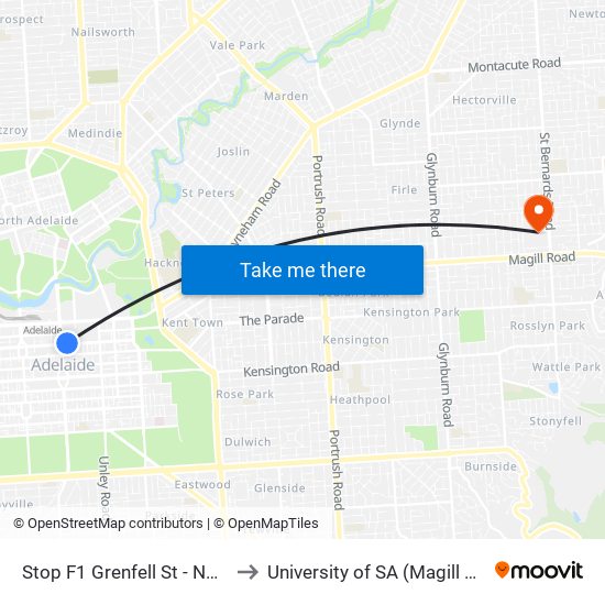 Stop F1 Grenfell St - North side to University of SA (Magill Campus) map
