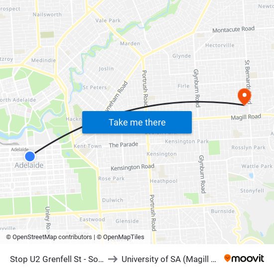 Stop U2 Grenfell St - South side to University of SA (Magill Campus) map