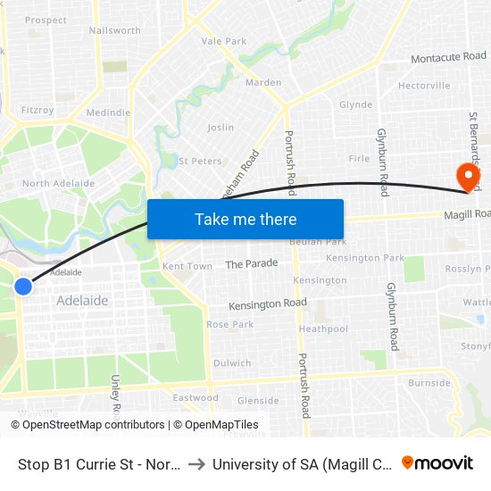 Stop B1 Currie St - North side to University of SA (Magill Campus) map