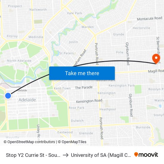 Stop Y2 Currie St - South side to University of SA (Magill Campus) map