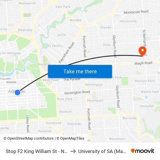 Stop F2 King William St - North East side to University of SA (Magill Campus) map