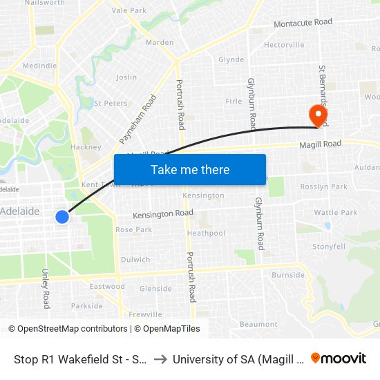 Stop R1 Wakefield St - South side to University of SA (Magill Campus) map