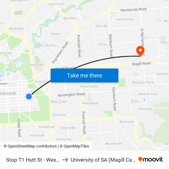 Stop T1 Hutt St - West side to University of SA (Magill Campus) map