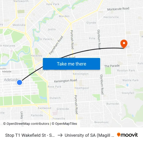 Stop T1 Wakefield St - South side to University of SA (Magill Campus) map