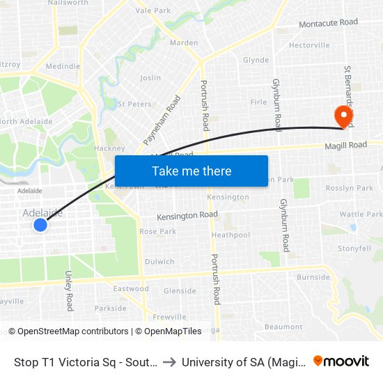 Stop T1 Victoria Sq - South West side to University of SA (Magill Campus) map