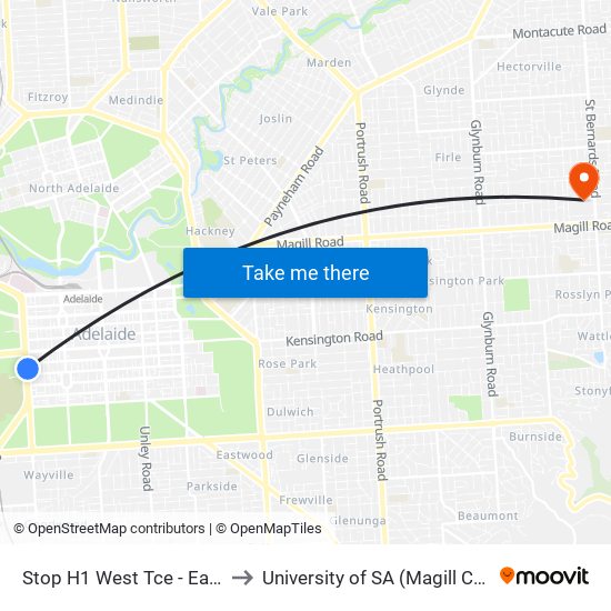 Stop H1 West Tce - East side to University of SA (Magill Campus) map