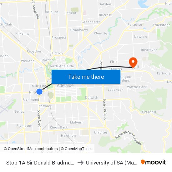 Stop 1A Sir Donald Bradman Dr - North side to University of SA (Magill Campus) map