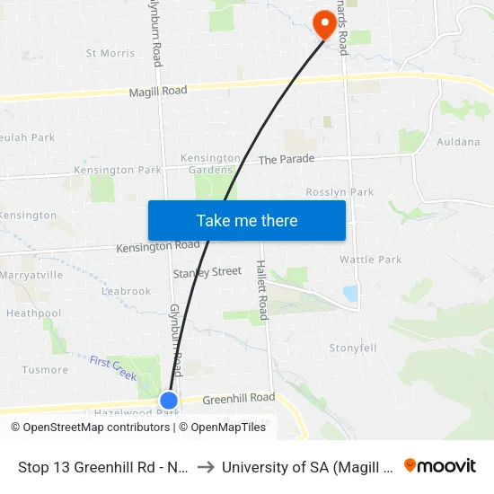 Stop 13 Greenhill Rd - North side to University of SA (Magill Campus) map