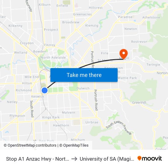 Stop A1 Anzac Hwy - North West side to University of SA (Magill Campus) map