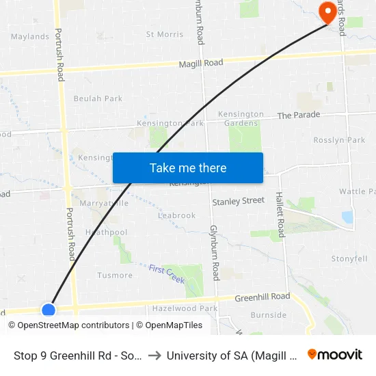 Stop 9 Greenhill Rd - South side to University of SA (Magill Campus) map