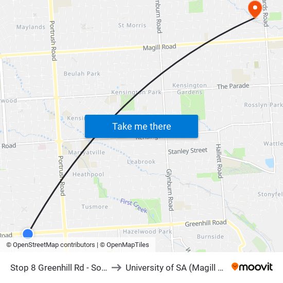 Stop 8 Greenhill Rd - South side to University of SA (Magill Campus) map