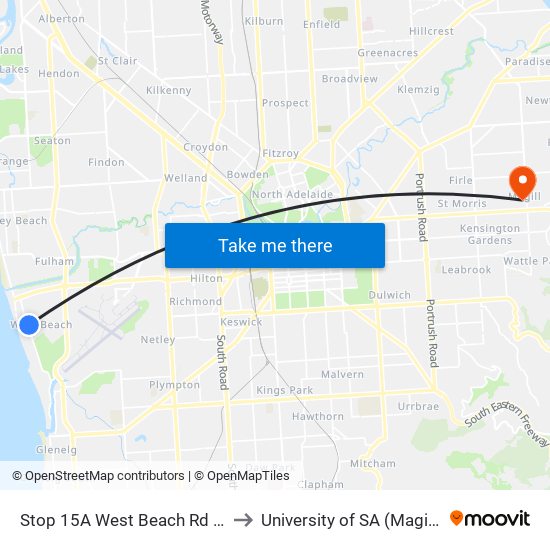 Stop 15A West Beach Rd - North side to University of SA (Magill Campus) map