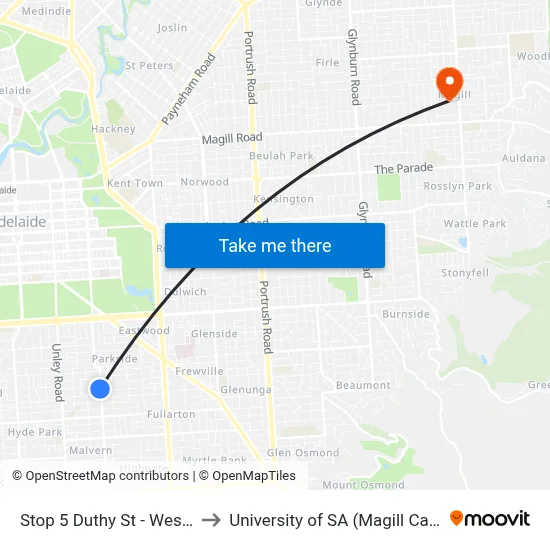 Stop 5 Duthy St - West side to University of SA (Magill Campus) map