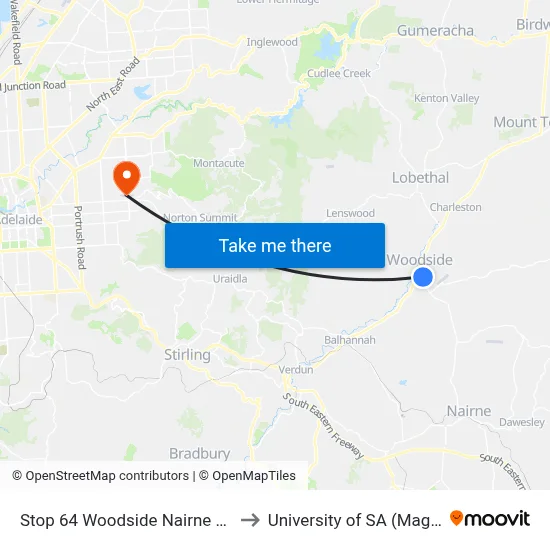 Stop 64 Woodside Nairne Rd - West side to University of SA (Magill Campus) map