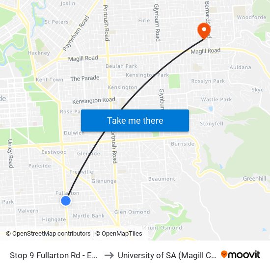 Stop 9 Fullarton Rd - East side to University of SA (Magill Campus) map