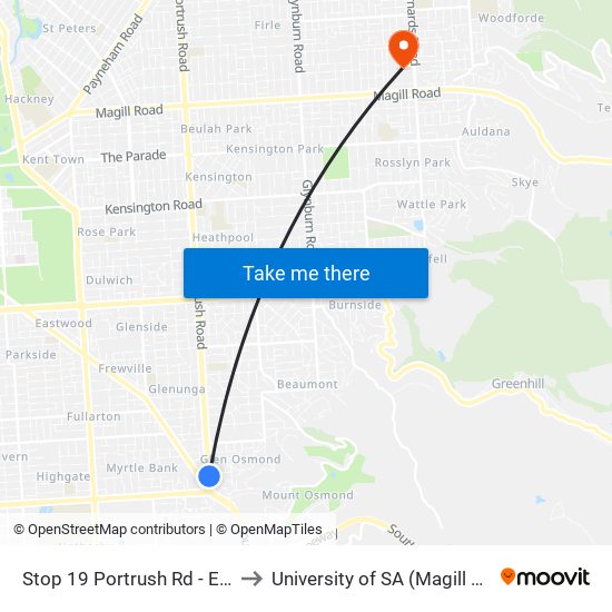 Stop 19 Portrush Rd - East side to University of SA (Magill Campus) map