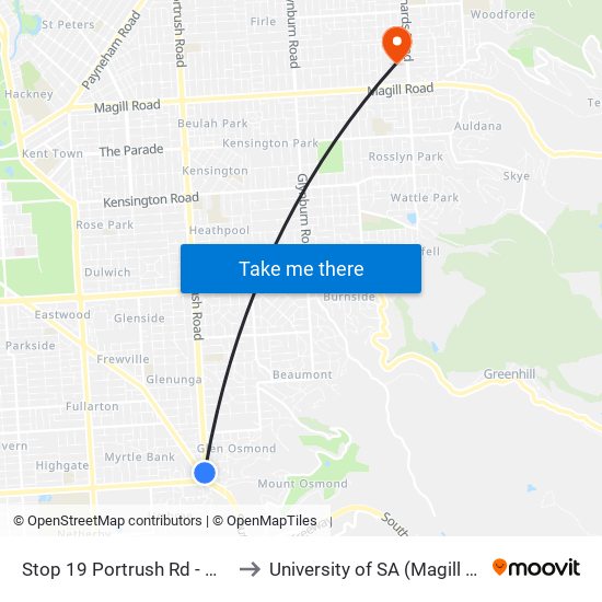 Stop 19 Portrush Rd - West side to University of SA (Magill Campus) map