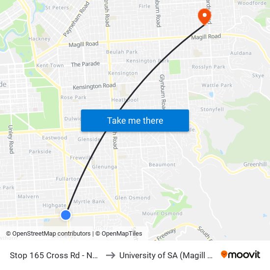 Stop 165 Cross Rd - North side to University of SA (Magill Campus) map