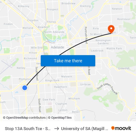 Stop 13A South Tce - South side to University of SA (Magill Campus) map