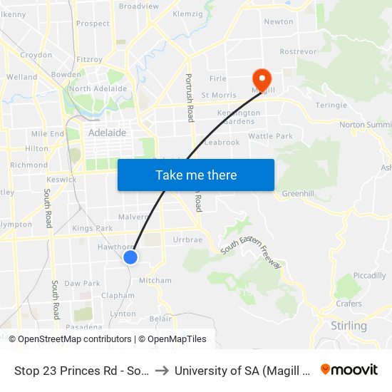 Stop 23 Princes Rd - South side to University of SA (Magill Campus) map