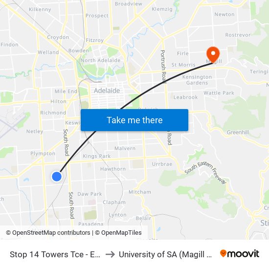 Stop 14 Towers Tce - East side to University of SA (Magill Campus) map