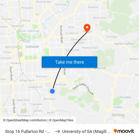 Stop 16 Fullarton Rd - West side to University of SA (Magill Campus) map