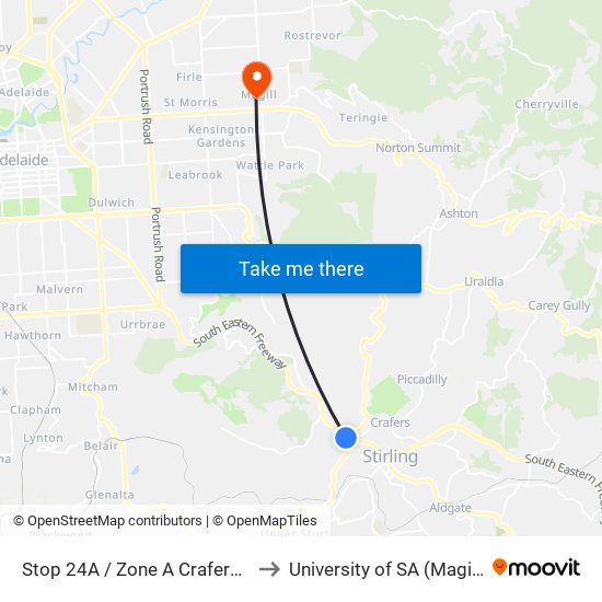 Stop 24A / Zone A Crafers Park N Ride to University of SA (Magill Campus) map