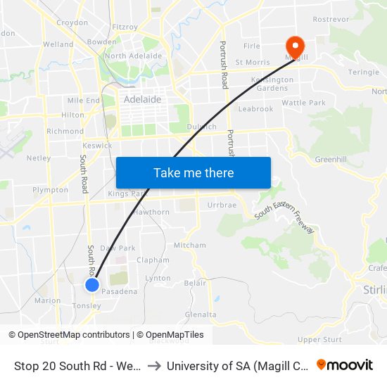 Stop 20 South Rd - West side to University of SA (Magill Campus) map