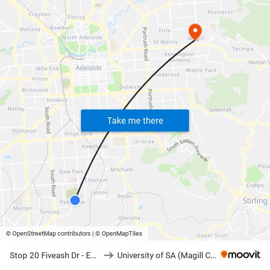 Stop 20 Fiveash Dr - East side to University of SA (Magill Campus) map