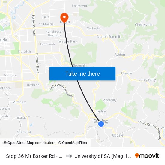 Stop 36 Mt Barker Rd - East side to University of SA (Magill Campus) map