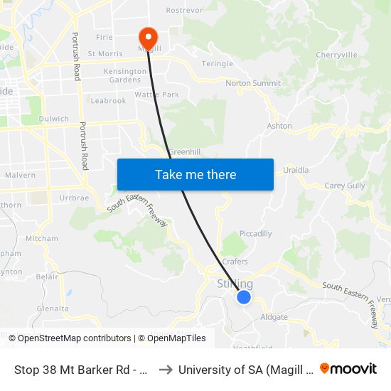 Stop 38 Mt Barker Rd - North side to University of SA (Magill Campus) map