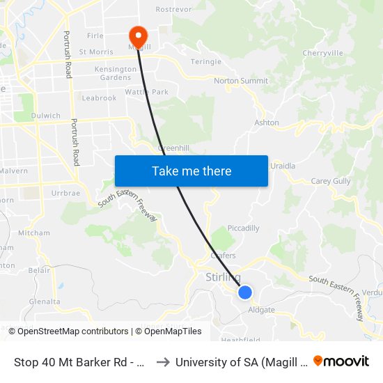 Stop 40 Mt Barker Rd - South side to University of SA (Magill Campus) map