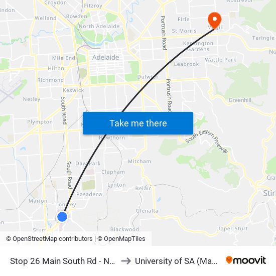 Stop 26 Main South Rd - North West side to University of SA (Magill Campus) map