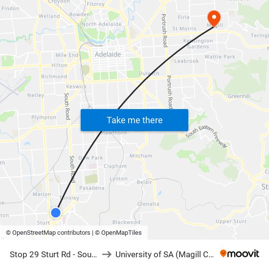 Stop 29 Sturt Rd - South side to University of SA (Magill Campus) map