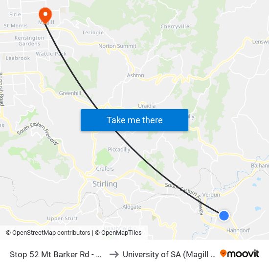 Stop 52 Mt Barker Rd - North side to University of SA (Magill Campus) map