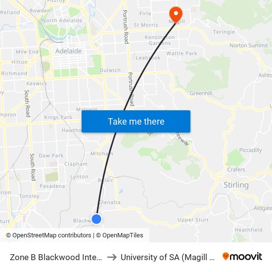 Zone B Blackwood Interchange to University of SA (Magill Campus) map