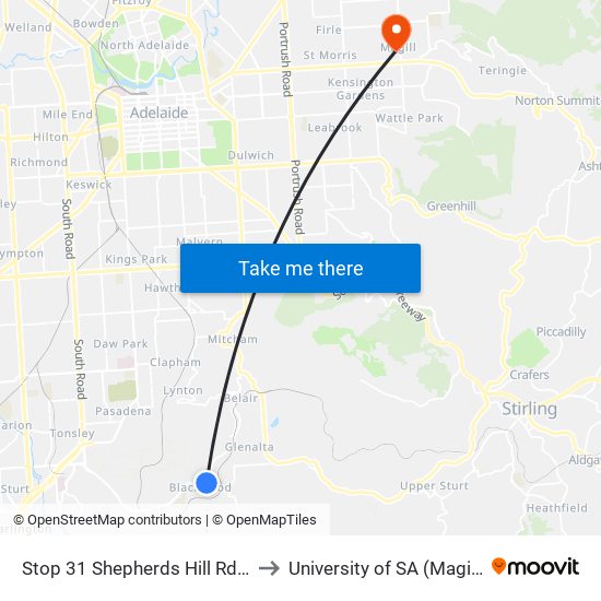 Stop 31 Shepherds Hill Rd - South side to University of SA (Magill Campus) map