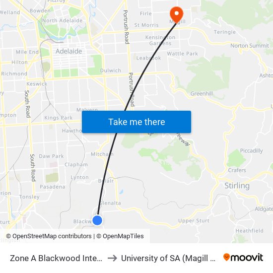 Zone A Blackwood Interchange to University of SA (Magill Campus) map