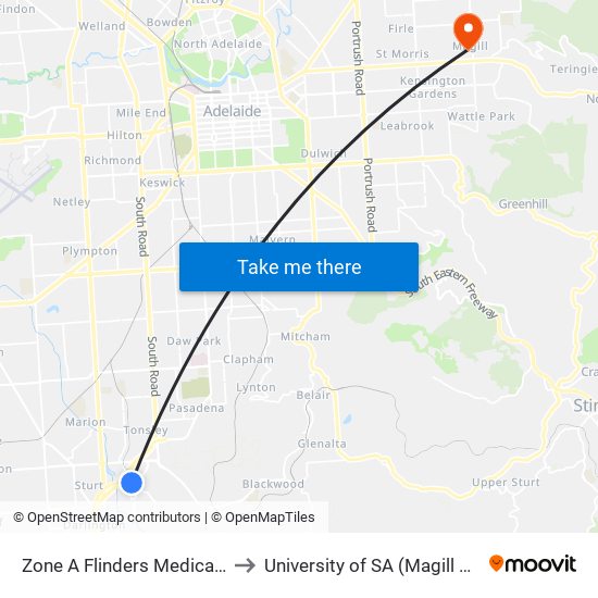 Zone A Flinders Medical Centre to University of SA (Magill Campus) map