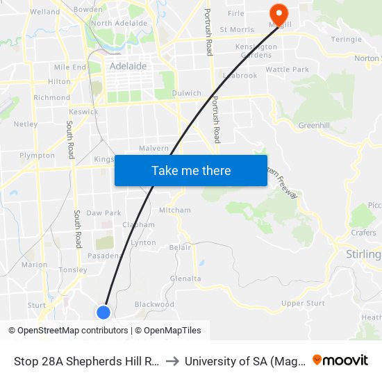 Stop 28A Shepherds Hill Rd - West side to University of SA (Magill Campus) map